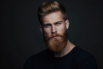 Obraz premium Stylish serious bearded man in dramatic portrait on black background