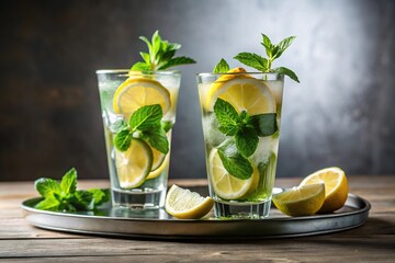 Fototapeta premium Silhouette glass with mojitos and lemon wedges and mint on a tray