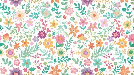 Obraz premium Beautiful and bright spring colorful Pastel flowers, leaves, twigs. Pattern. Beautiful snail vine twigs with purple flowers on white background. Seamless floral pattern.