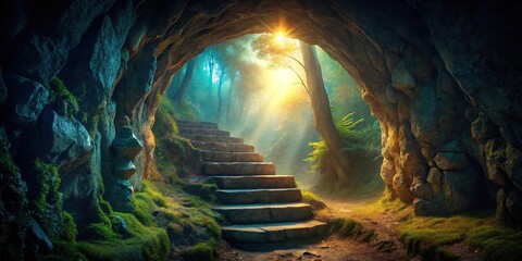 Mystical cave entrance with stairs and glowing light macro