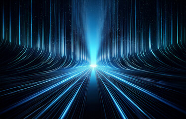 An abstract digital art piece depicting a glowing blue path extending into the distance.