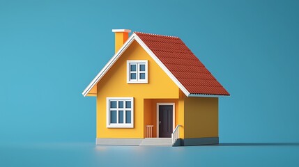 Dream Home: A cheerful yellow house with a red roof, rendered in a minimalist 3D style against a tranquil blue background. Perfect for real estate, homeownership, and family concepts. 