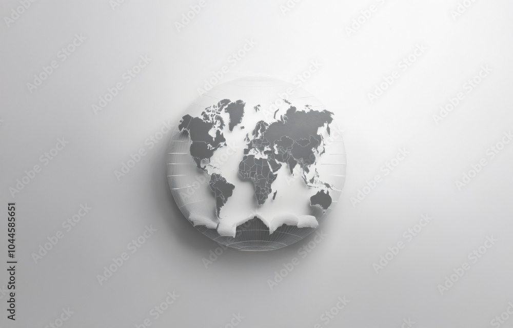 Poster a simple, 3d rendering of the world map on a white background, creating a minimalist and modern aest