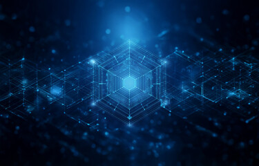 Obraz premium A digital abstract with a hexagonal pattern, glowing in the center of a dark blue background with an ethereal aura of light and swirling particles.