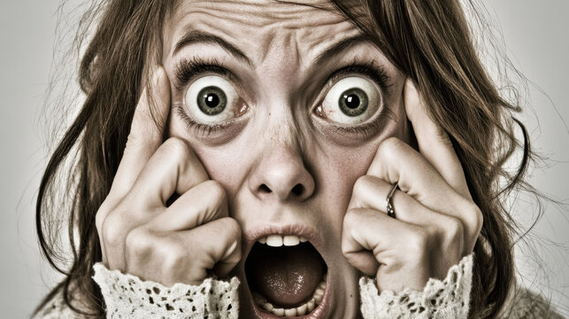 Nervous woman with wide eyes biting her nails, expressing anxiety and fear. Her facial expression conveys sense of urgency and distress, capturing moment of intense emotion