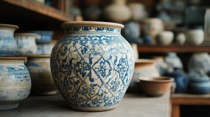 Antique Ming Dynasty Clay Pot with Faded Blue Design