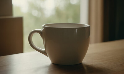 Fototapeta premium White Ceramic Coffee Cup on Wooden Surface: Cozy Minimalist Setting