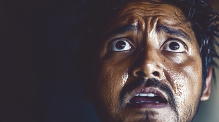 close up of man with beads of sweat on his forehead, expressing fear and anxiety. His wide eyes and tense facial features convey sense of urgency and distress