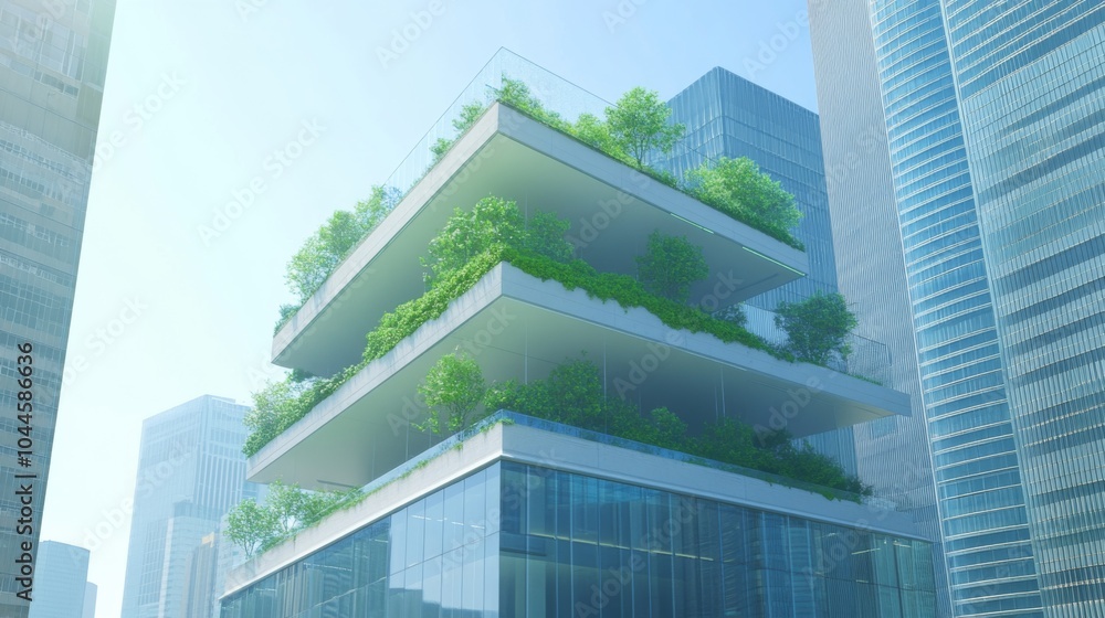 Poster modern architecture with greenery in urban setting