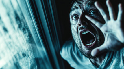 Close up of man expressing fear and desperation, with dramatic lighting effect highlighting his facial features and emotions. scene captures moment of intense panic