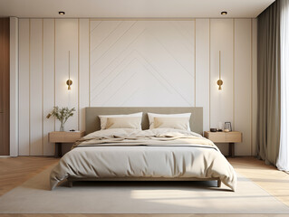 Living room interior in modern minimalist style with wooden panneling. Neutral and light colors interior with wood wall panels. Wood panneling walls.
