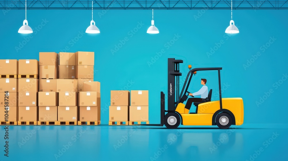 Poster forklift loading boxes in warehouse, representing storage and distribution