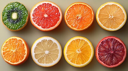 Obraz premium A flat lay of eight different types of citrus fruits, including kiwi, grapefruit, orange, lemon, and blood orange.