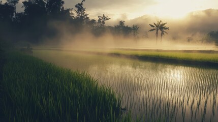 Fototapeta premium Misty Rice Paddy Field in Early Morning Light