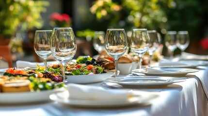 Fototapeta premium Elegant Outdoor Dining with Gourmet Dishes and Glasses