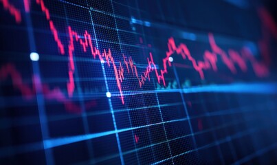 Closeup financial chart with uptrend line candlestick graph in stock market on blue color monitor