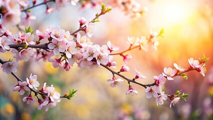 Natural background of spring flowering apricot trees with silhouette of spring flowers