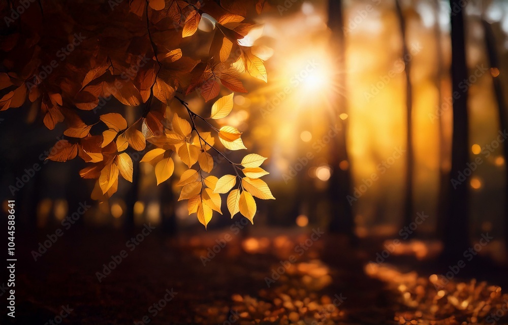 Poster a close-up of a branch with golden leaves in the foreground, with a forest in the background. the su