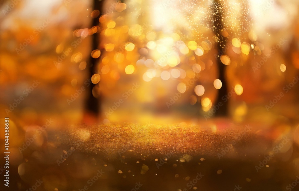 Poster golden light filters through the trees in an autumn forest, casting a warm glow on the ground.