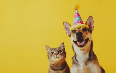 Fototapeta premium An adorable dog wearing a colorful party hat, playfully sitting next to a curious cat, all set against a bright yellow background