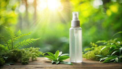 Natural cosmetic spray bottle surrounded by lush greenery