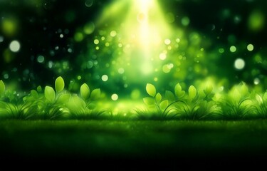 A glowing light shines down on a patch of grass and small green leaves, creating a soft, magical atmosphere.