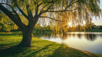 Fototapeta premium Tranquil Willow Tree by Serene Lake at Sunset