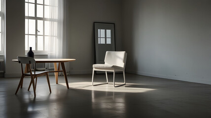 Fototapeta premium Minimalistic white chair next to a table