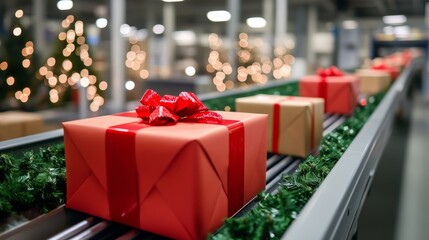 Efficient automated logistics center conveyor belt handling christmas packages for holiday shipping