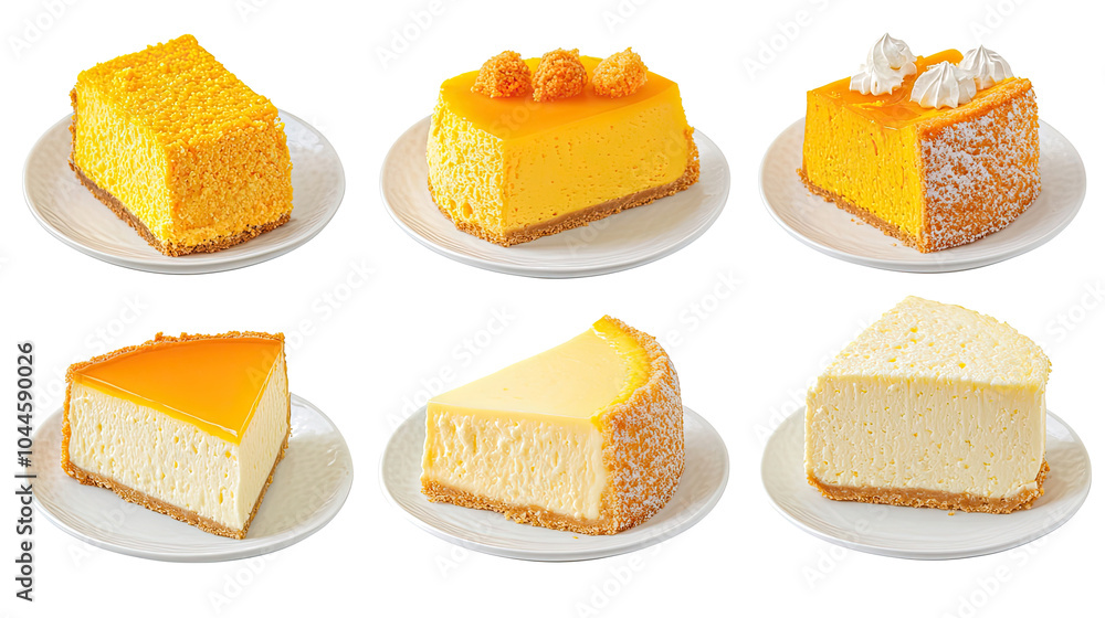 Poster delightful collection of cheesecake slices arranged on plates generative ai