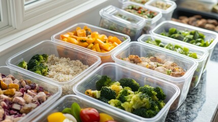 Organized meal prep with tupperware filled with healthy foods for a productive week ahead