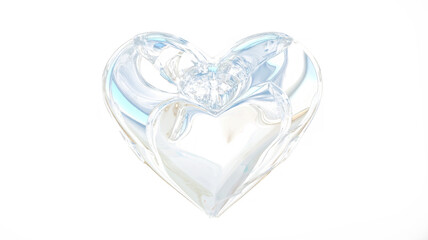 Glass transparent isolated heart. Realistic soap bubble in the shape of a heart, glare, light and sparkles. Glossy holographic chrome futuristic decoration element.