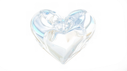 Glass transparent isolated heart. Realistic soap bubble in the shape of a heart, glare, light and sparkles. Glossy holographic chrome futuristic decoration element.