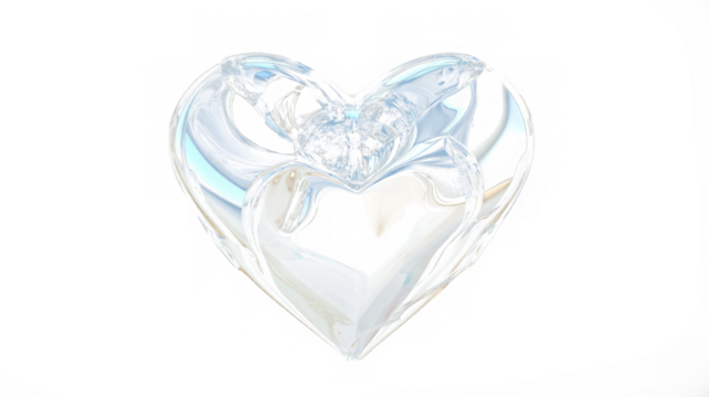 Glass transparent isolated heart. Realistic soap bubble in the shape of a heart, glare, light and sparkles. Glossy holographic chrome futuristic decoration element. - Powered by Adobe