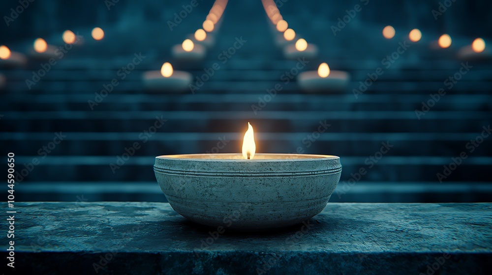 Poster captivating flame illuminates tranquil pathway of floating candles evoking serenity and reflection i