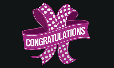 Beautiful pink ribbon with bow on black background. congratulations round sign
