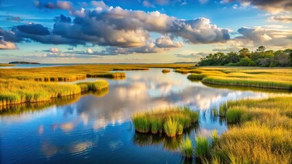 Fototapeta premium Natural salt water marsh and wetlands on coast of South Carolina beside intracoastal waterway between Georgetown and Charleston SC