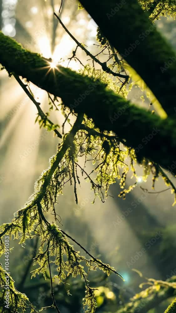 Poster sunlight filtering through moss-covered branches in forest, serene morning light. nature tranquility