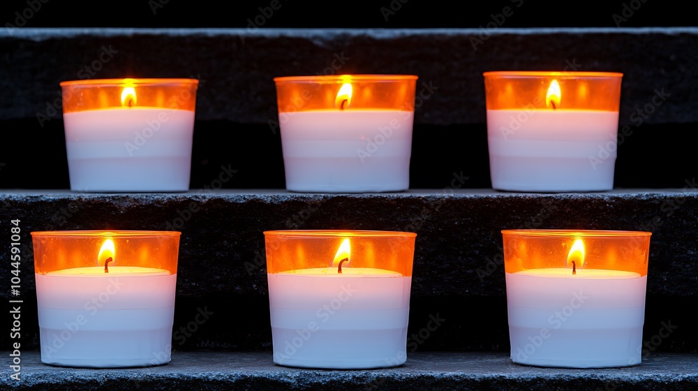 Poster a serene arrangement of glowing candles on stairs capturing the tranquility of soft light and warmth