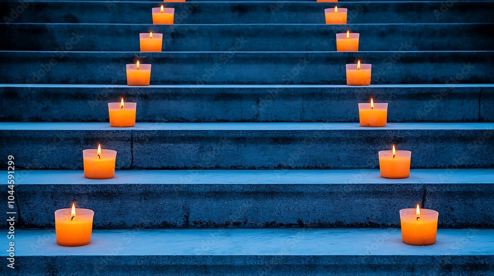Poster illuminated serenity captivating arrangement of flickering candles on stone steps creating a tranqui