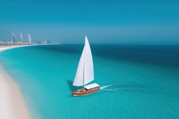 Sailboat sailing near burj al arab in dubai, united arab emirates