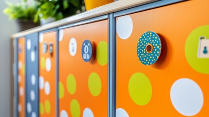 Vibrant lockers with colorful polka dots and unique handles are set against a bright backdrop, enhancing the playful atmosphere of the room