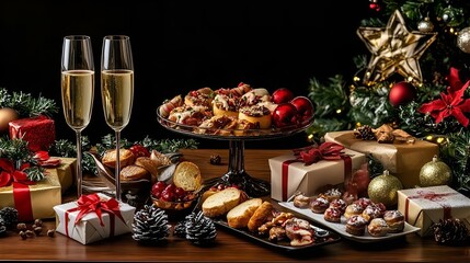 Festive Christmas table with champagne and a delicious buffet of fruits, salads, meats, cheeses, and sweet treats