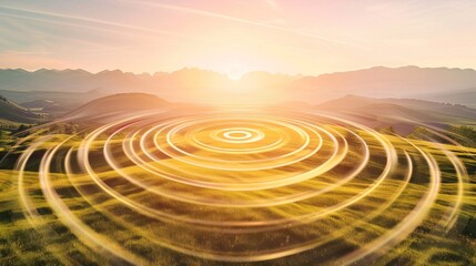 Naklejka premium Sound waves radiating across a serene landscape, symbolizing the interconnectedness and harmony of natural and auditory elements.