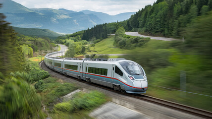 Naklejka premium A modern, sleek highspeed train speeds through a picturesque mountainous landscape. Lush green forests and winding roads frame the train as it traverses the scenic route.