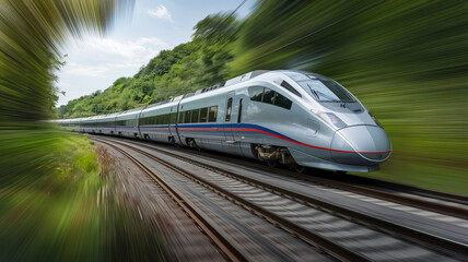 Fototapeta premium A sleek, silver highspeed train races through a picturesque landscape, leaving a blur of green foliage in its wake. The train is traveling on double tracks, with a hint of blue sky visible above.
