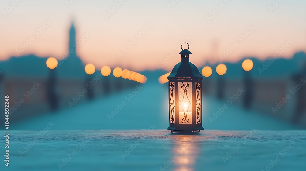 Poster serene lantern illuminating a tranquil evening pathway with soft glowing lights in the background