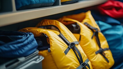 Colorful life jackets and kayak gear are organized and ready for use, preparing for a thrilling day of kayaking in the great outdoors