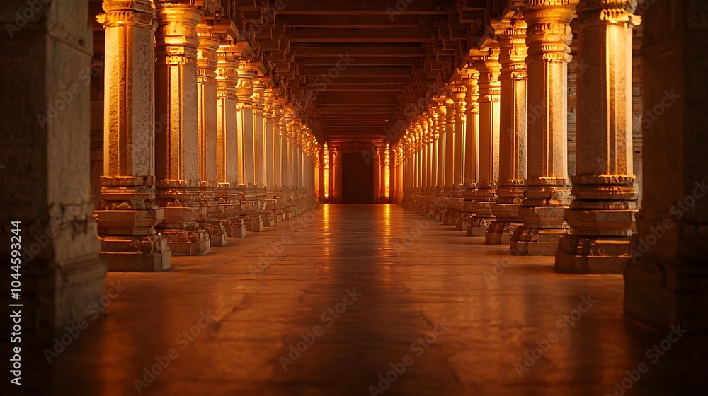 Poster a stunning view of an ancient architectural corridor illuminated by warm light showcasing intricate 