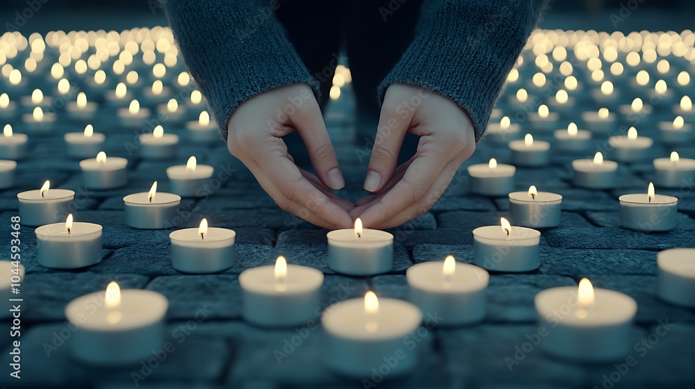 Poster creating a serene atmosphere with candlelight hands gently placing candles in a calm and reflective 